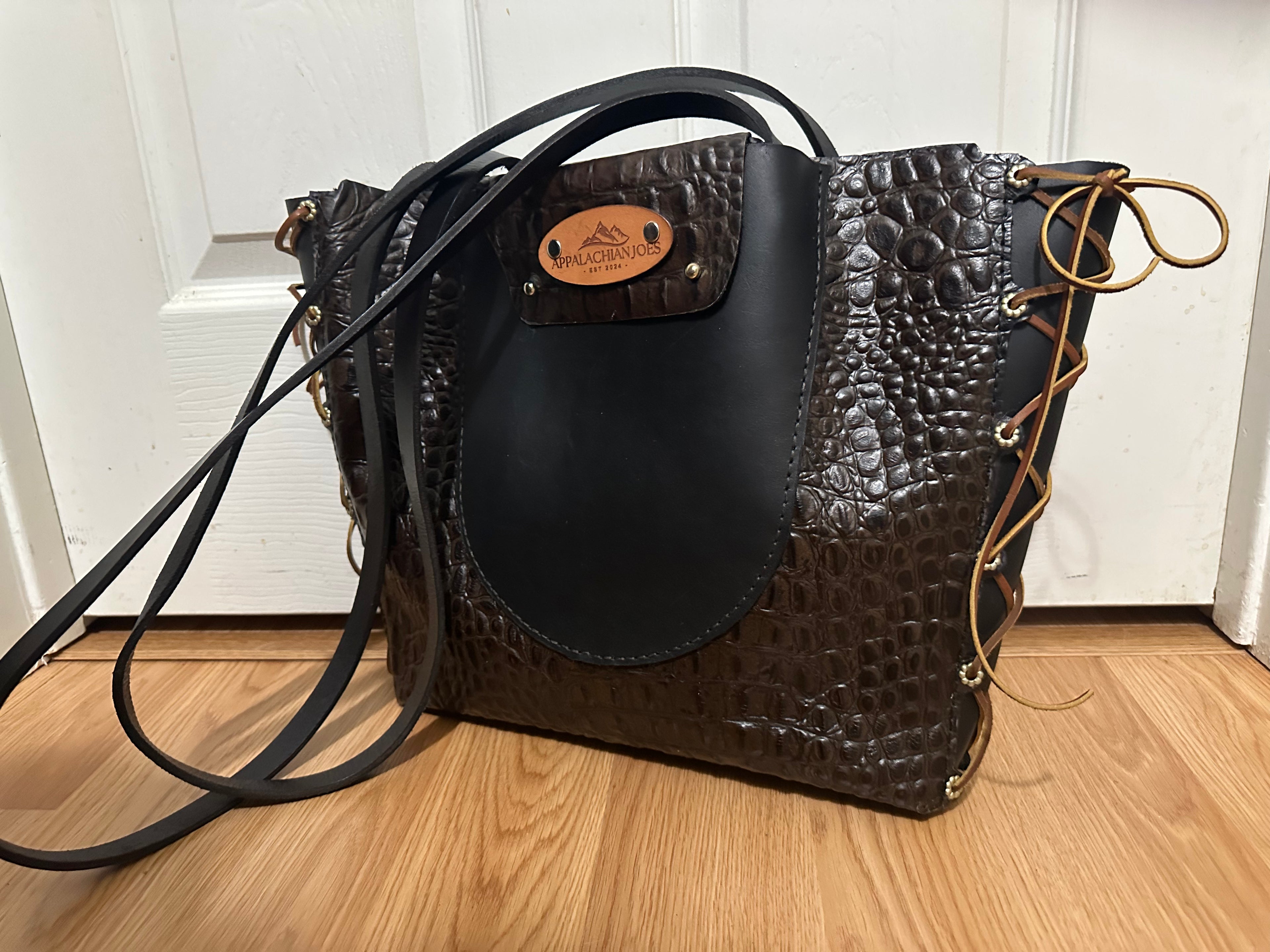 Leather and Lace - Alligator print with Black Leather -Purse Tote Bag