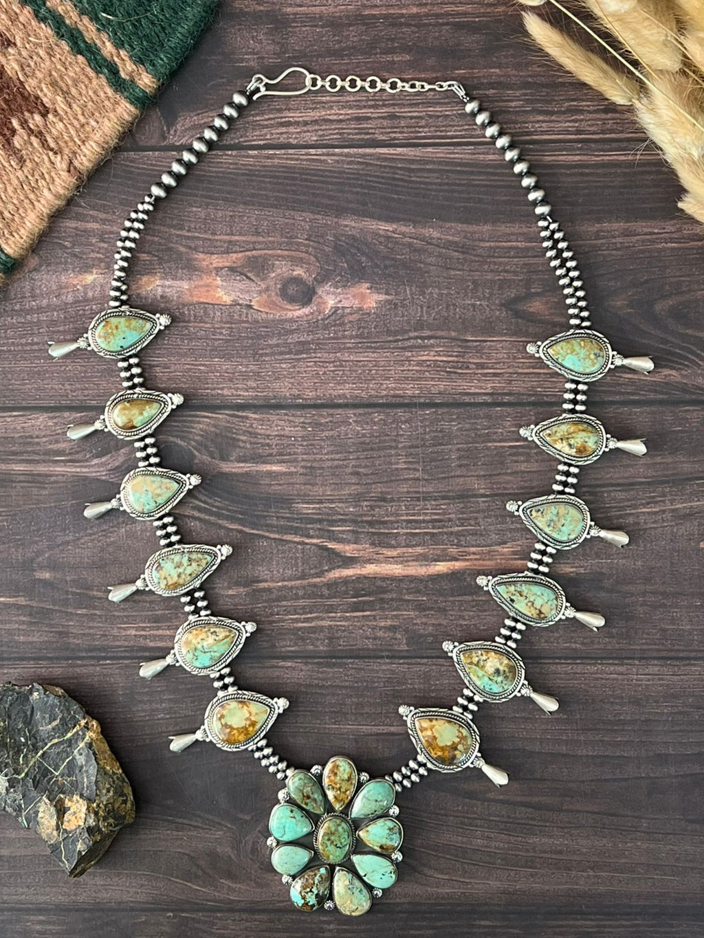 Handmade Sterling Silver Baja Turquoise Collection: Beaded Squash Blossom Necklace "Signed Nizhoni"