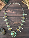 Handmade Sterling Silver Baja Turquoise Collection: Beaded Squash Blossom Necklace "Signed Nizhoni"