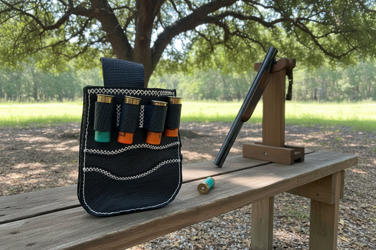 Exotic Sharkskin Leather Shotgun Shell Ammo Bag - Sporting Clay Belt Pouch