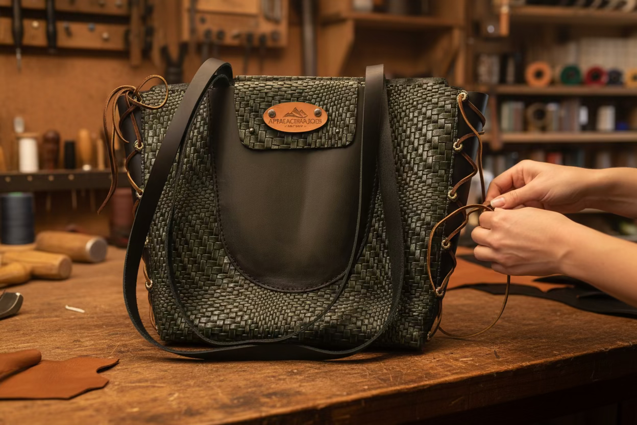 Woven handbag with black accents on a wooden floor