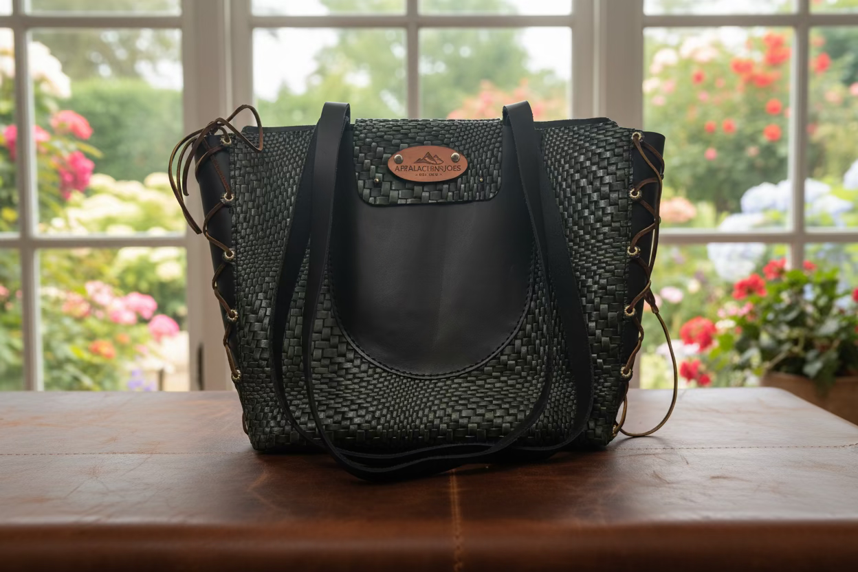 Black woven handbag with a visible brand logo on a wooden table