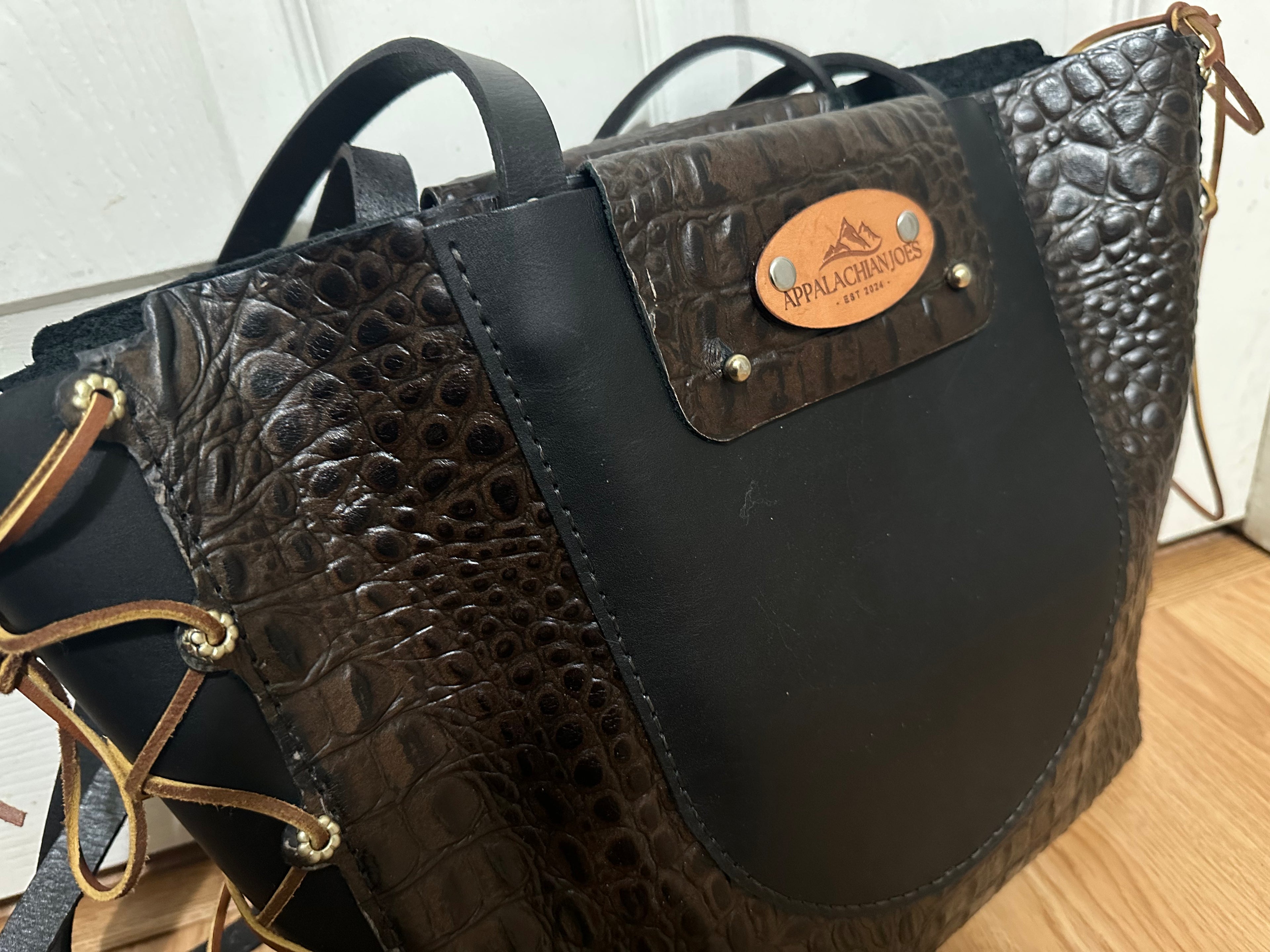 Leather and Lace - Alligator print with Black Leather -Purse Tote Bag