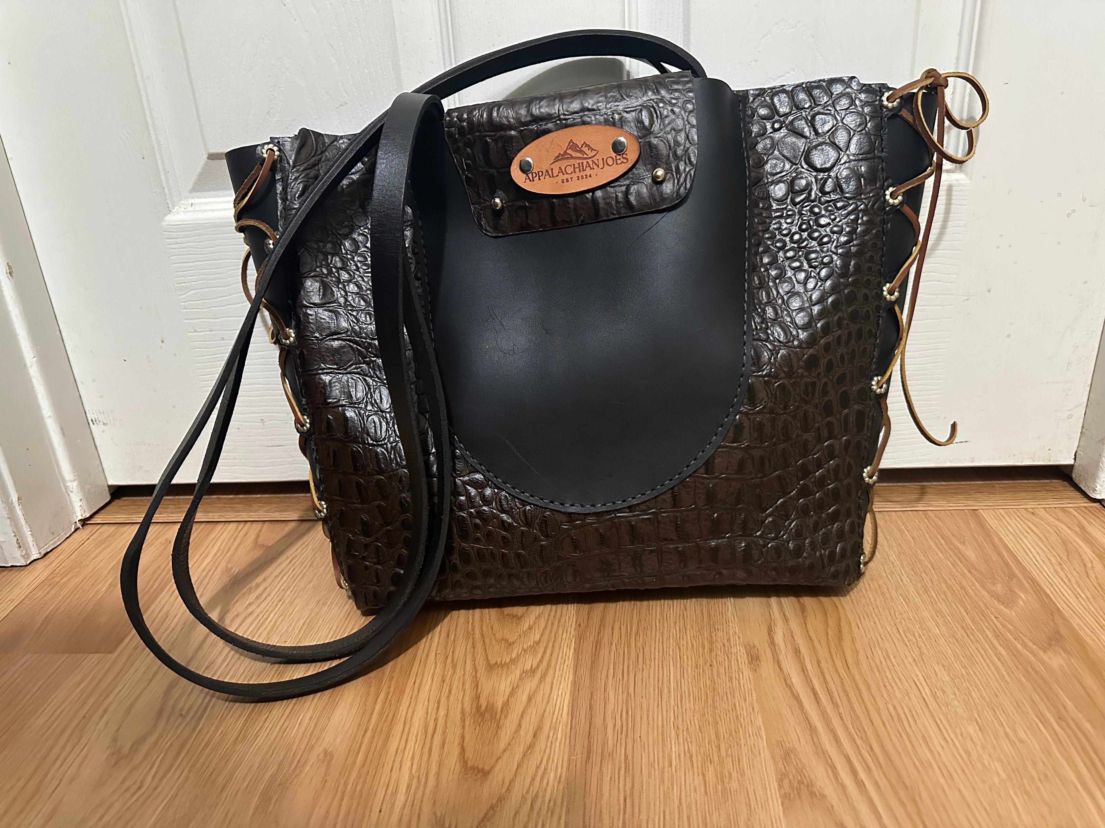 Leather and Lace - Alligator print with Black Leather -Purse Tote Bag