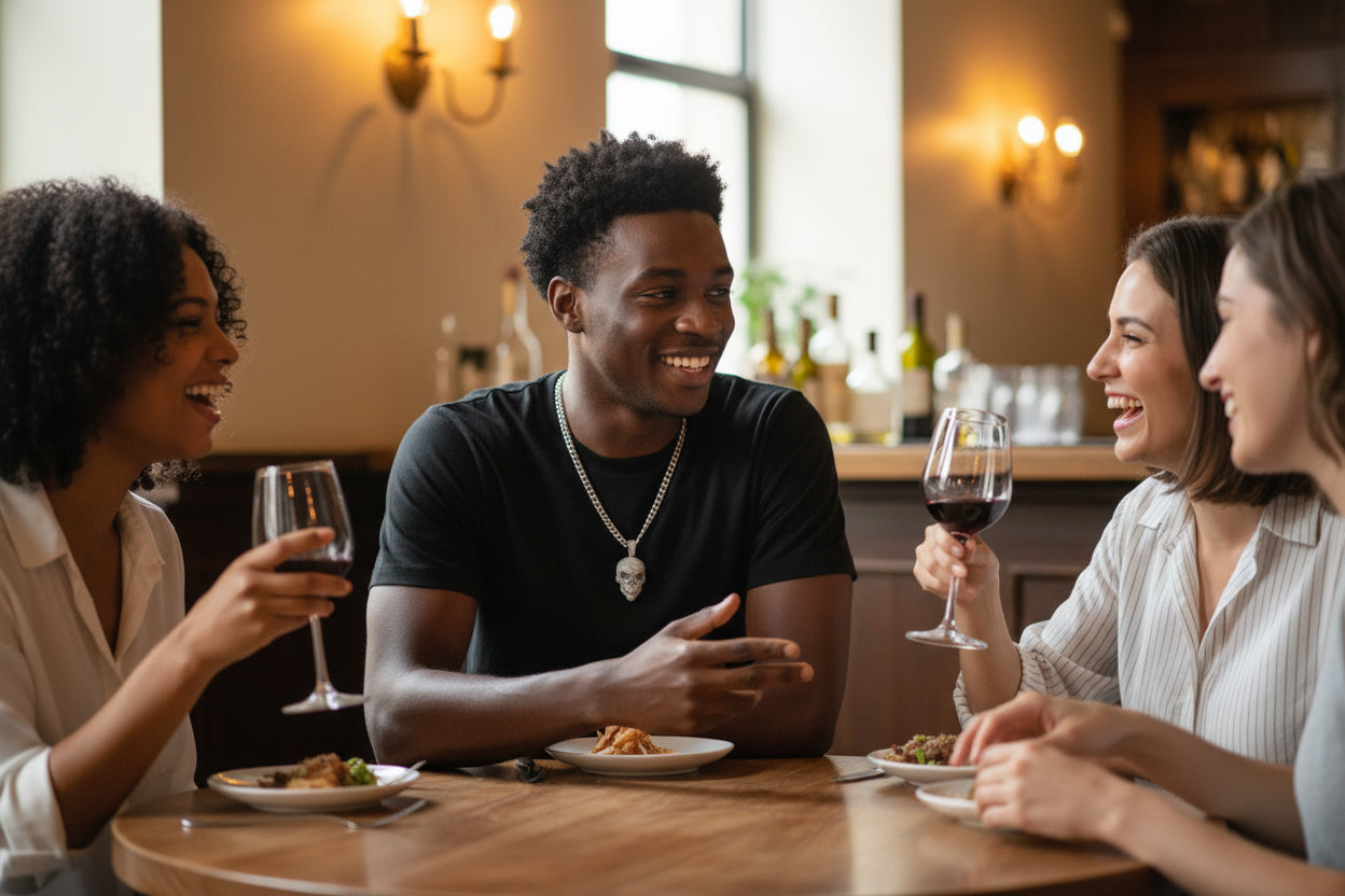 Silver necklace with skull pendant on a black stand with price tags.