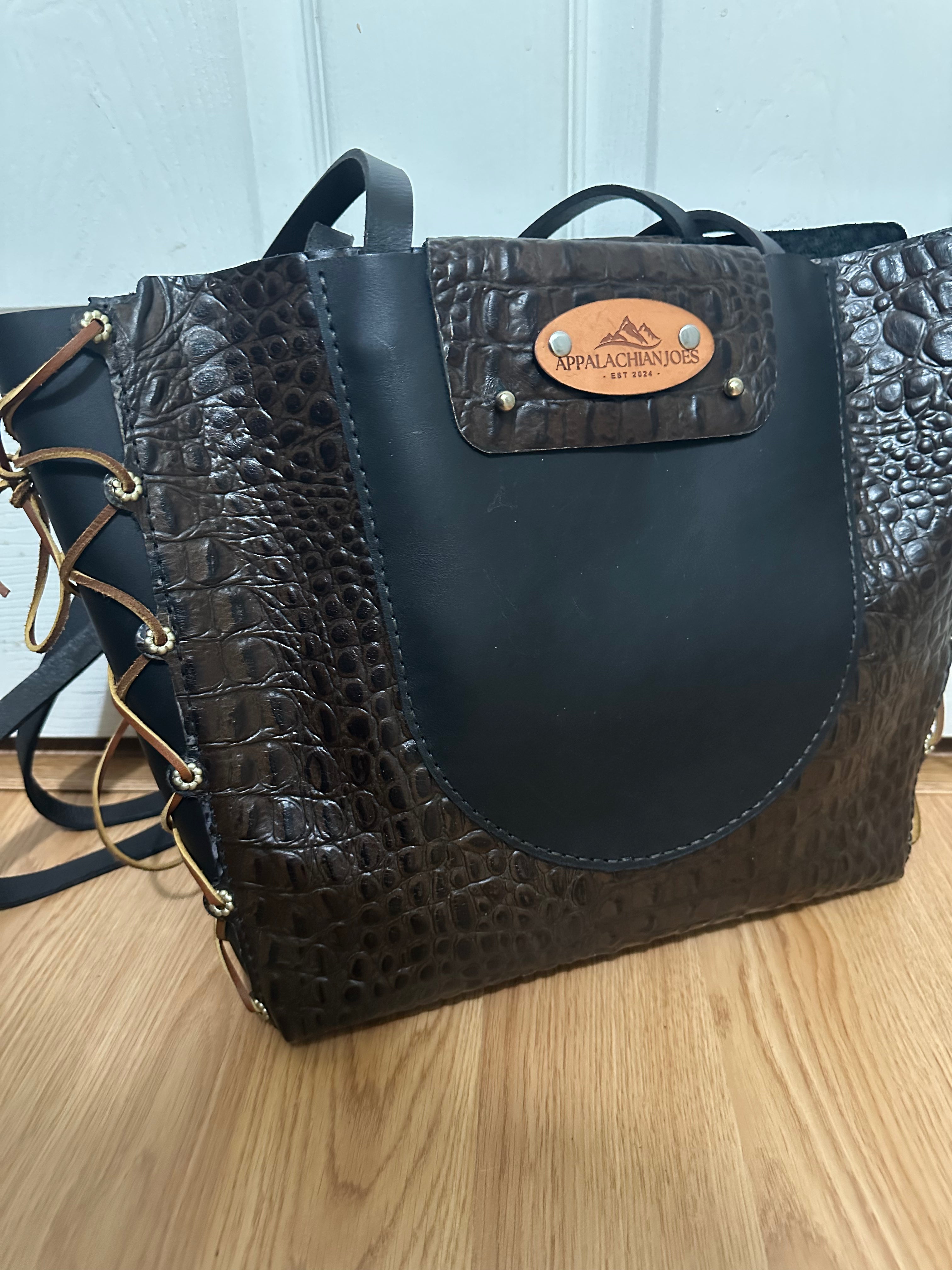 Leather and Lace - Alligator print with Black Leather -Purse Tote Bag