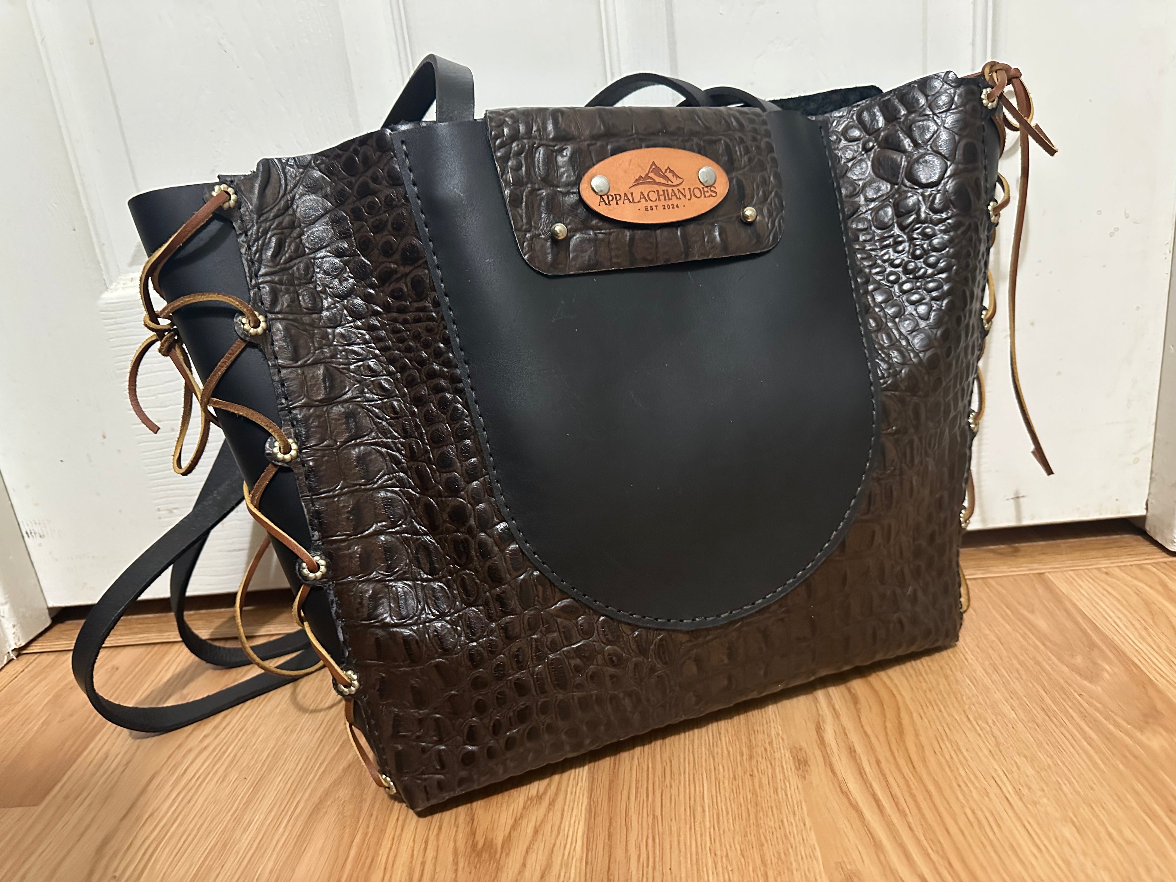 Leather and Lace - Alligator print with Black Leather -Purse Tote Bag