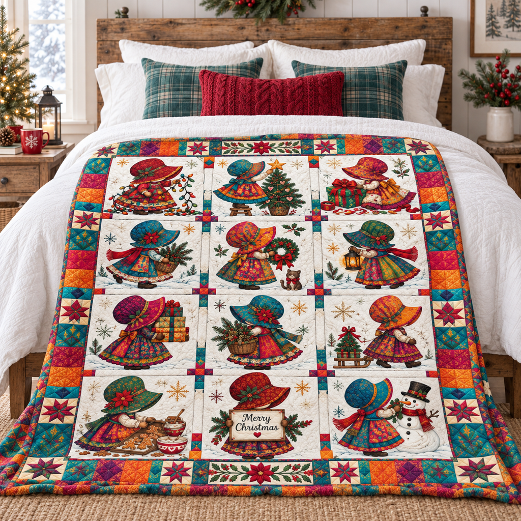 A colorful Christmas quilted blanket with vintage children, snowman, and holiday motifs, styled on a bed in a rustic bedroom setting.