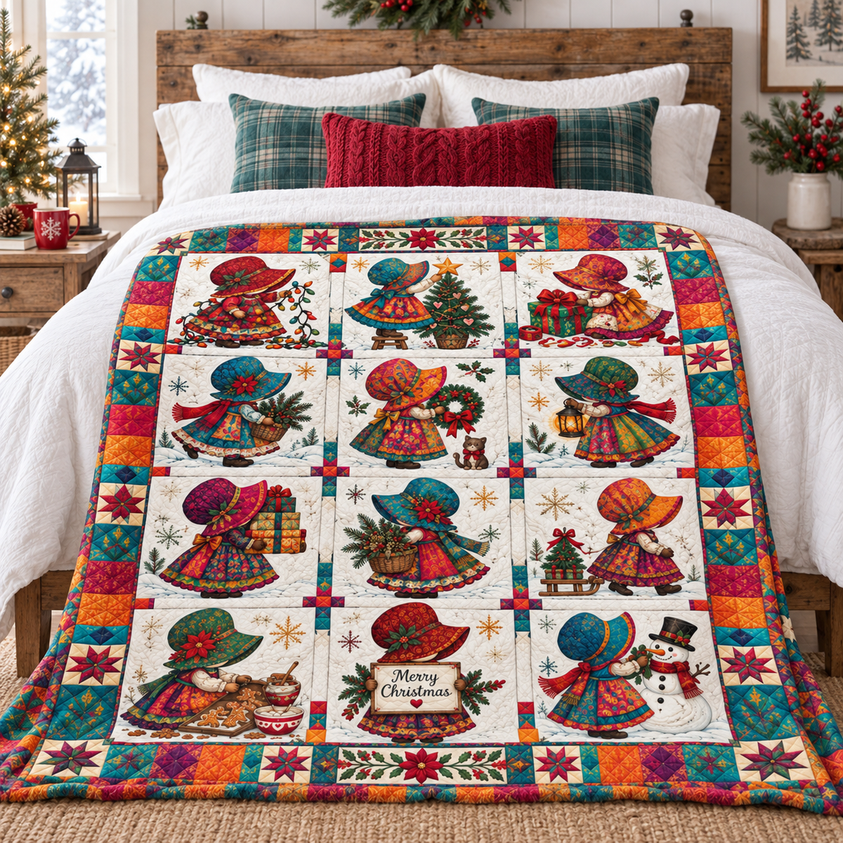 A colorful Christmas quilted blanket with vintage children, snowman, and holiday motifs, styled on a bed in a rustic bedroom setting.