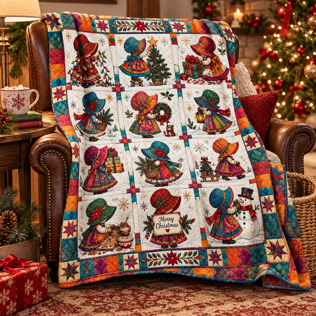 A festive Christmas quilted throw blanket draped over a brown leather armchair in a cozy living room setting with a decorated Christmas tree in the background.
