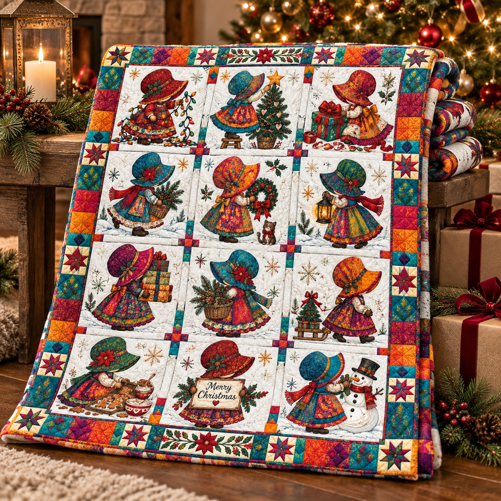 A festive quilted blanket with a Christmas grid pattern of children in bonnets, a snowman, a Christmas tree, and a 'Merry Christmas' sign, styled on a wooden table in a cozy holiday setting with wrapped gifts and a lit Christmas tree in the background.