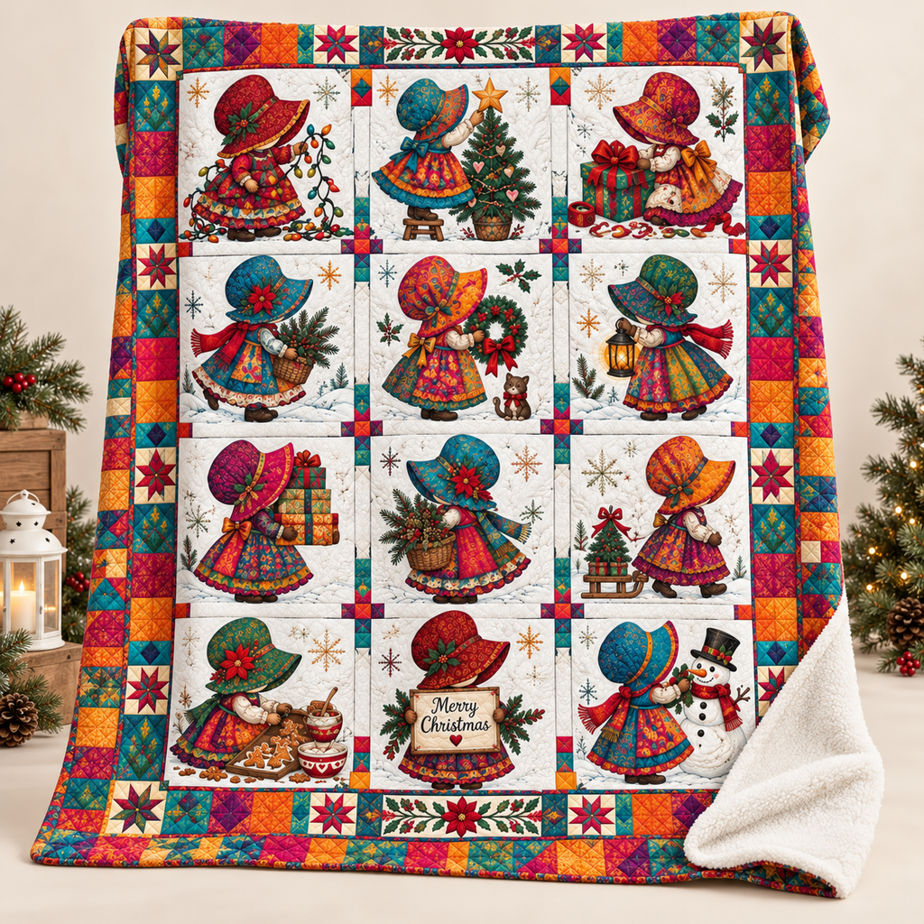 A fleece throw blanket featuring a vintage 1950s Christmas quilt pattern with colorful illustrations of children in holiday attire, displayed draped over a sofa with a white sherpa backing visible on the corner.