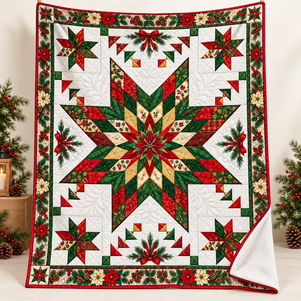 A large quilted holiday star blanket with a festive geometric pattern in red, green, white, and beige, displayed against a light beige wall with Christmas decorations on either side.