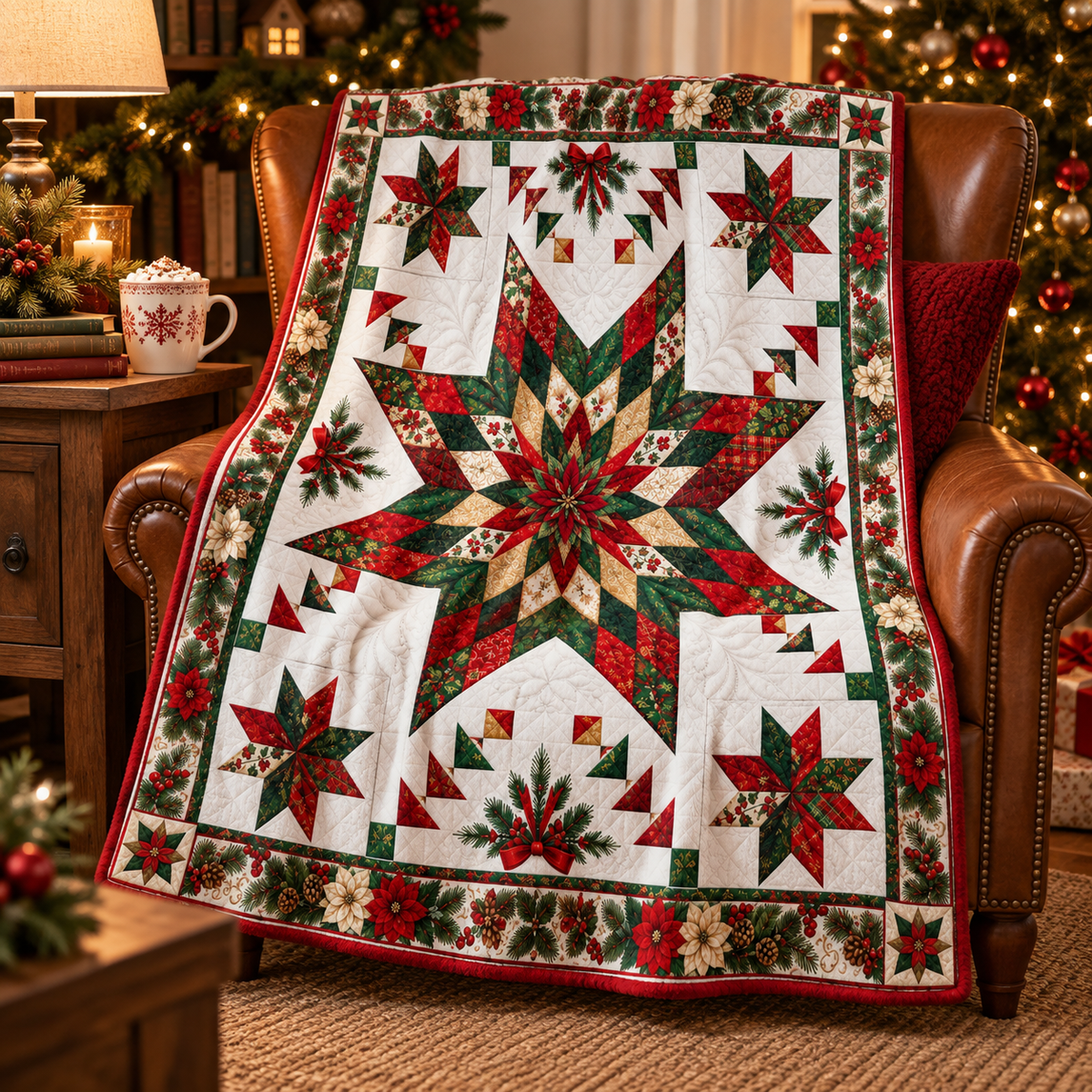A large Christmas quilt with a star and poinsettia pattern draped over a brown leather armchair in a cozy, decorated living room.