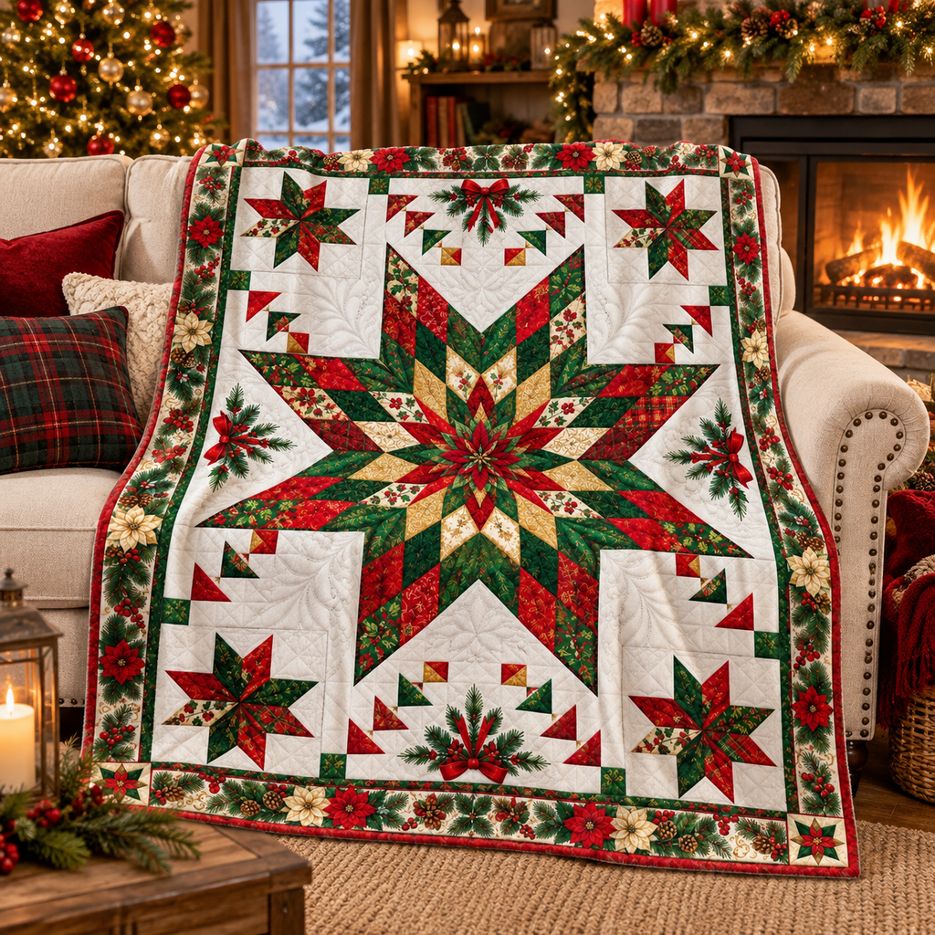 A large quilted Christmas star blanket is draped over a white sofa in a cozy living room with a lit fireplace, stockings, and a decorated tree in the background.