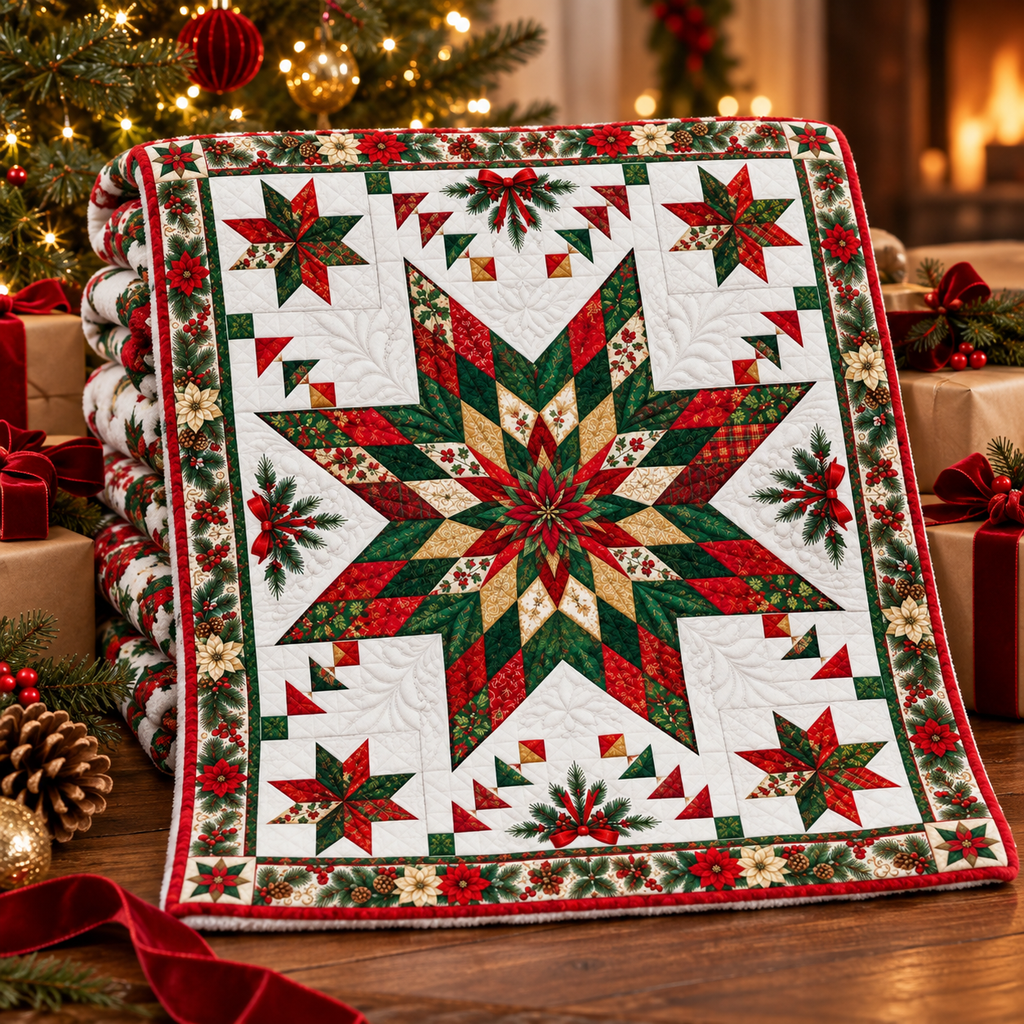 A folded quilted blanket with a festive Christmas starburst pattern in red, green, and cream, displayed on a wooden table surrounded by holiday decorations, wrapped gifts, and a Christmas tree in the background.