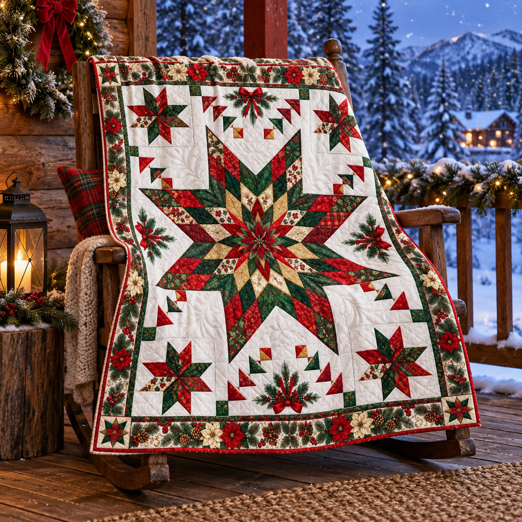 A large quilted Christmas star quilt draped over a rustic wooden rocking chair on a porch, with a snowy mountain village in the background.