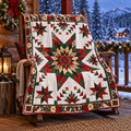 A large quilted Christmas star quilt draped over a rustic wooden rocking chair on a porch, with a snowy mountain village in the background.