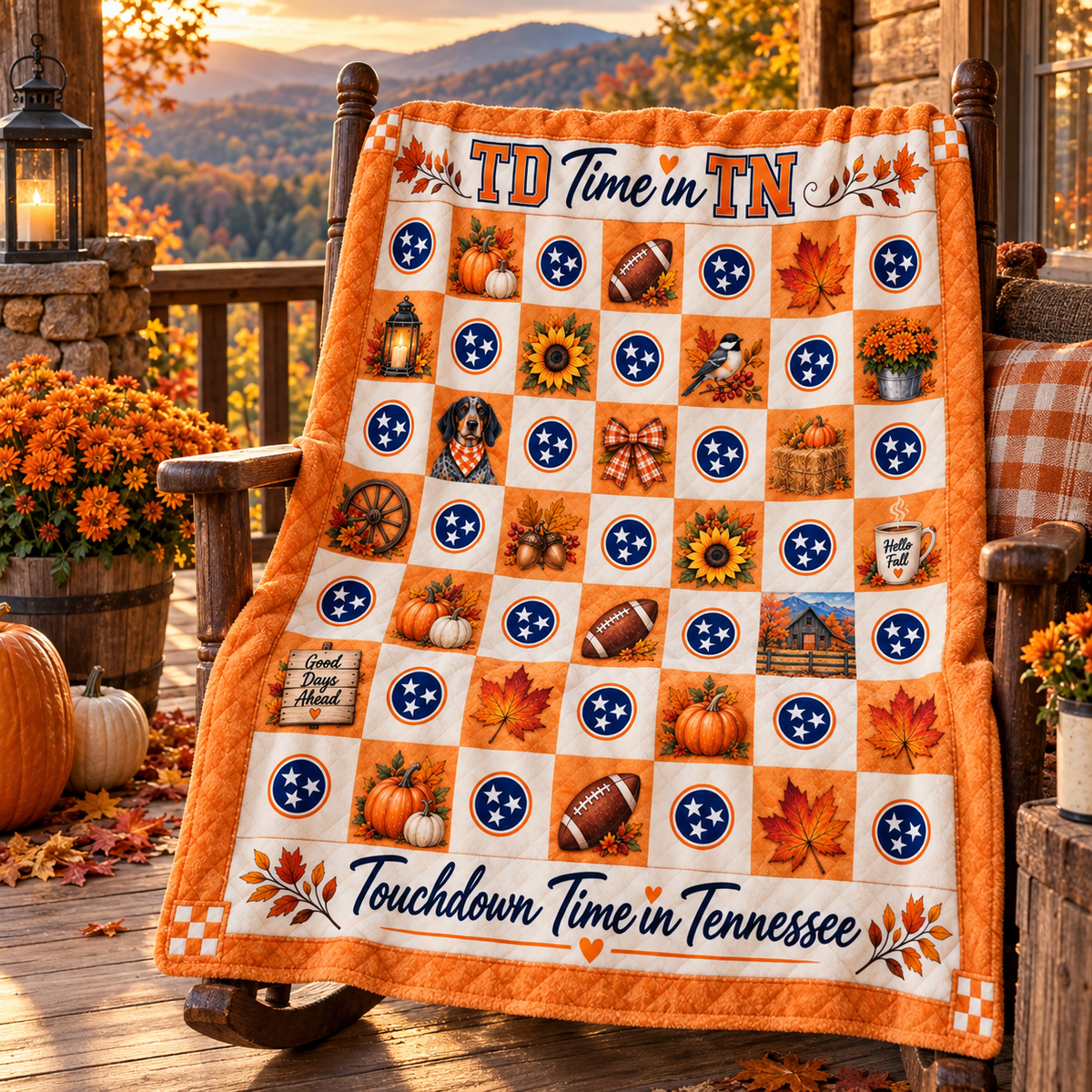 A plush autumn-themed quilted blanket draped over a wooden rocking chair on a porch. The blanket features a checkered orange and cream pattern with football, pumpkins, leaves, and Tennessee sports motifs, including the text 'TD Time in TN' and 'Touchdown Time in Tennessee.