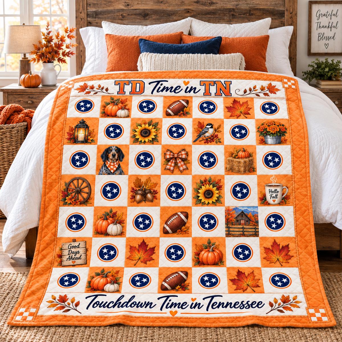 A quilted bedspread featuring a Tennessee football theme with the text 'TD Time in TN' and 'Touchdown Time in Tennessee,' decorated with orange pumpkins, autumn leaves, footballs, sunflowers, and blue circular logos, styled on a bed in a cozy bedroom setting.