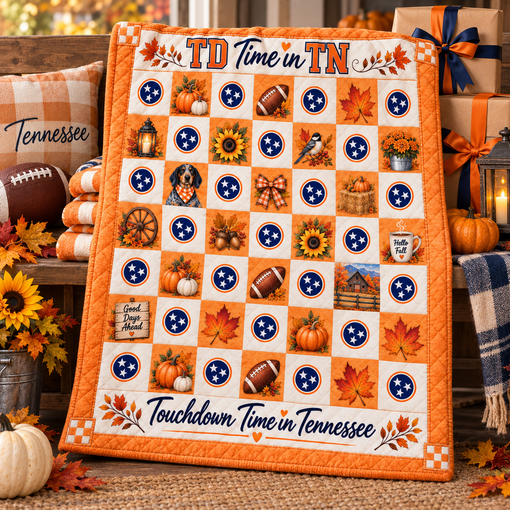 A decorative quilted blanket or throw spread out on a floor, featuring an autumn Tennessee football theme with orange and cream squares, footballs, sunflowers, maple leaves, stars, and the text 'TD Time in TN' and 'Touchdown Time in Tennessee.' The blanket is styled in a cozy fall setting with pillows, pumpkins, lanterns, and wrapped gifts in the background.