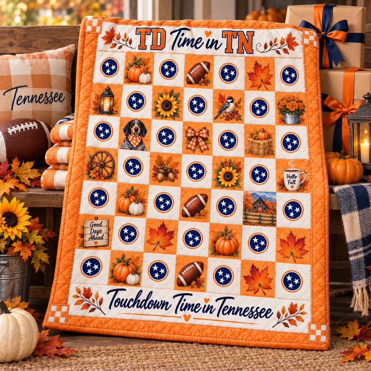 A decorative quilted blanket or throw spread out on a floor, featuring an autumn Tennessee football theme with orange and cream squares, footballs, sunflowers, maple leaves, stars, and the text 'TD Time in TN' and 'Touchdown Time in Tennessee.' The blanket is styled in a cozy fall setting with pillows, pumpkins, lanterns, and wrapped gifts in the background.