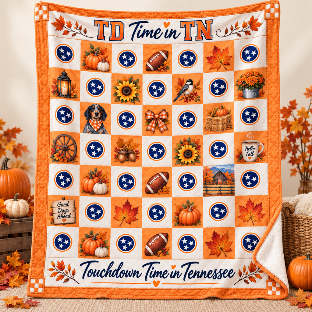 A quilted throw blanket featuring a Tennessee football theme with 'TD Time in TN' text and a grid of autumn motifs including pumpkins, sunflowers, blue Tennessee state logos, and fall leaves. The blanket is styled in a cozy fall setting with pumpkins and autumn leaves.