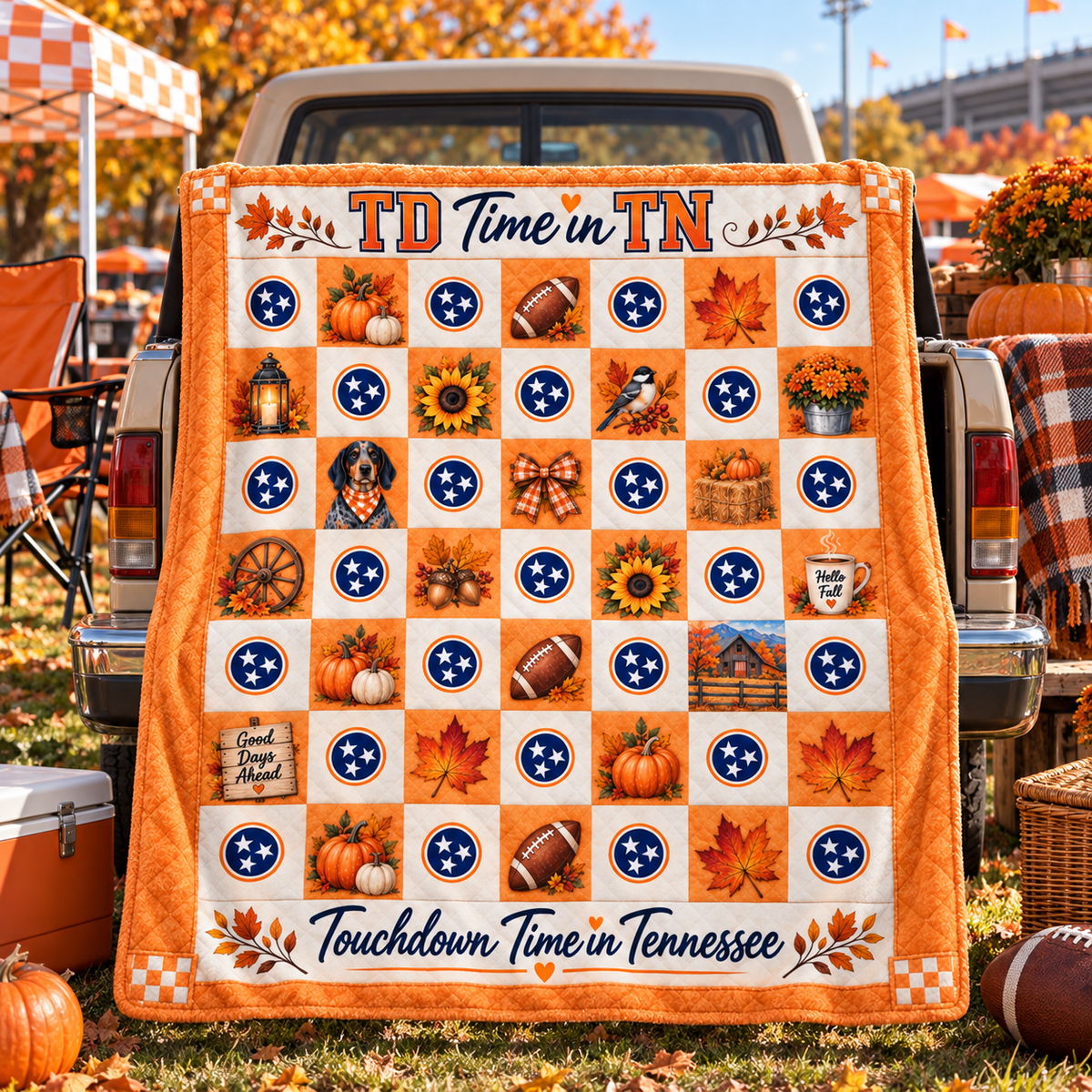 A large orange and cream checkered blanket with 'TD Time in TN' and 'Touchdown Time in Tennessee' text, decorated with football, pumpkin, sunflower, and autumn-themed squares, draped over the tailgate of a pickup truck in an outdoor fall festival setting.