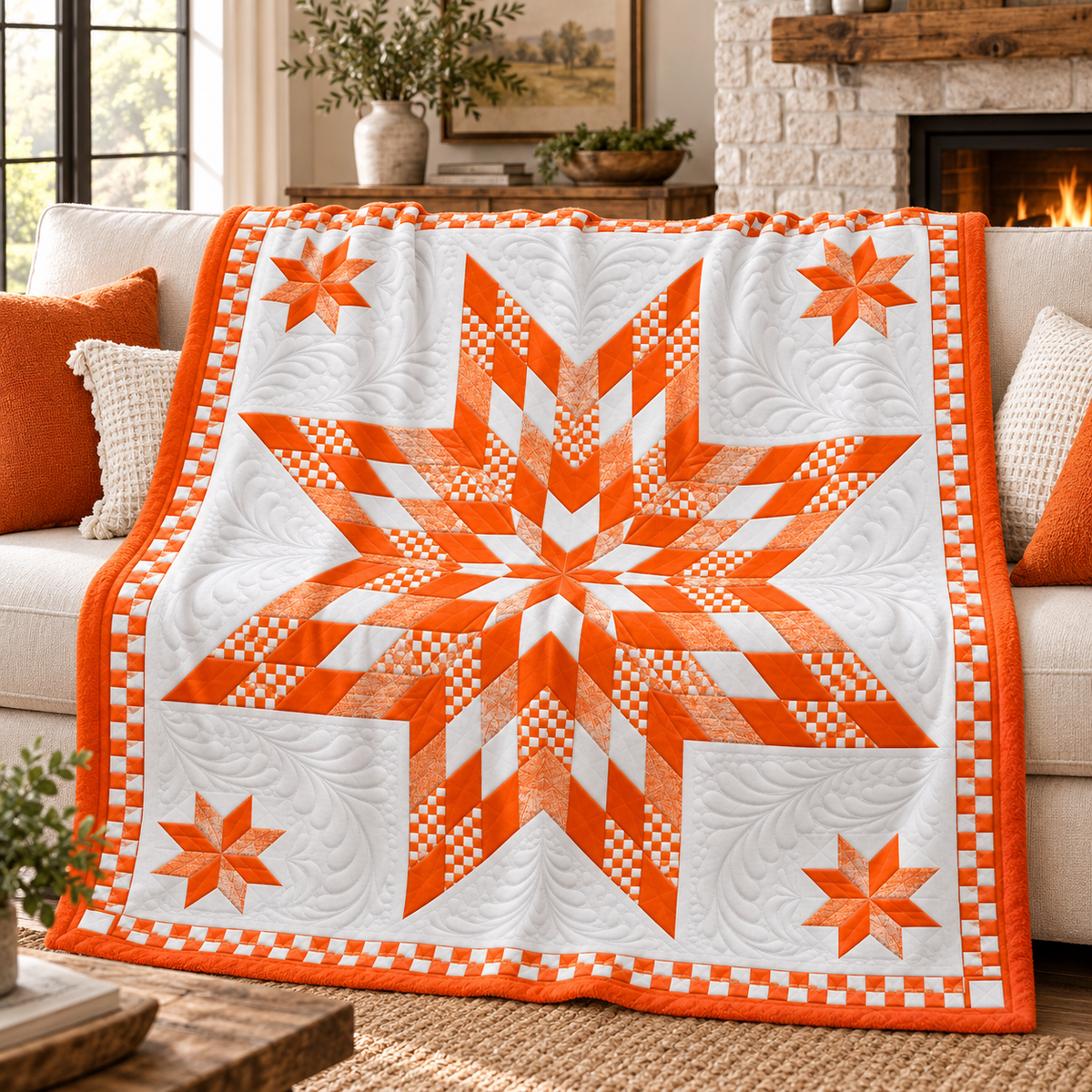 An orange and white quilted throw blanket with a large central star pattern and smaller corner stars, draped over a beige sofa in a cozy living room setting.