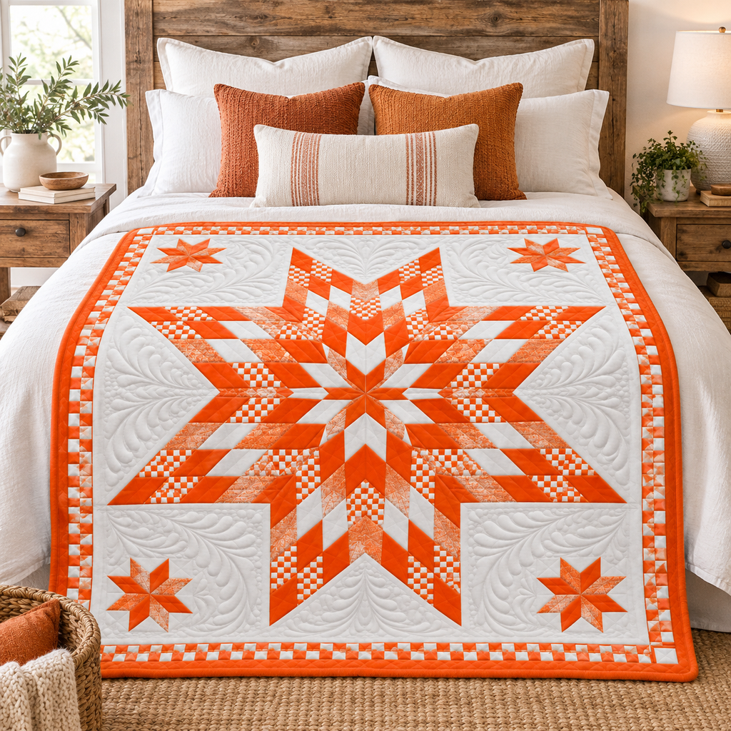 A quilted bedspread with a large orange and white geometric star pattern, styled on a bed with white and orange pillows in a rustic bedroom setting.