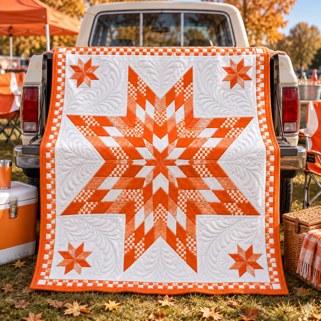 A large quilted patchwork blanket with a bold orange and white starburst pattern is draped over the back of a pickup truck at an outdoor autumn campsite.