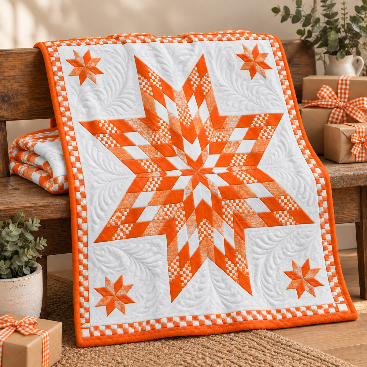 A quilted blanket or throw with a large orange and white starburst pattern, bordered by orange and white checkers, draped over a wooden bench in a cozy room setting with wrapped gifts and plants.