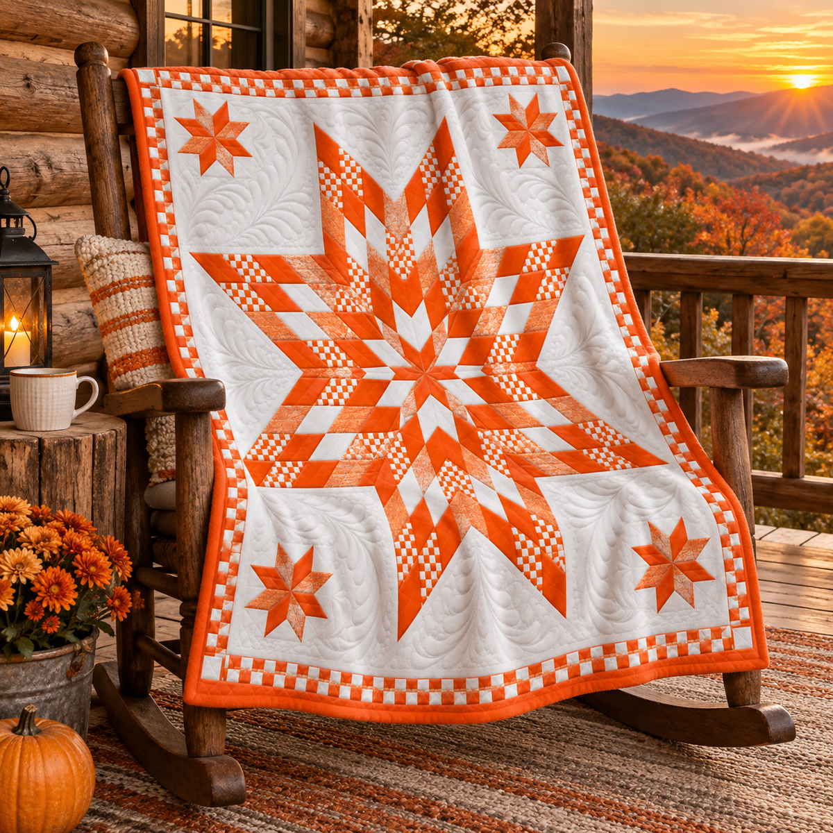 An orange and white quilted star-patterned blanket is draped over a rustic wooden rocking chair on a porch at sunset. The scene includes a log cabin wall, mountains in the background, a pumpkin, flowers, and a mug on a log block.