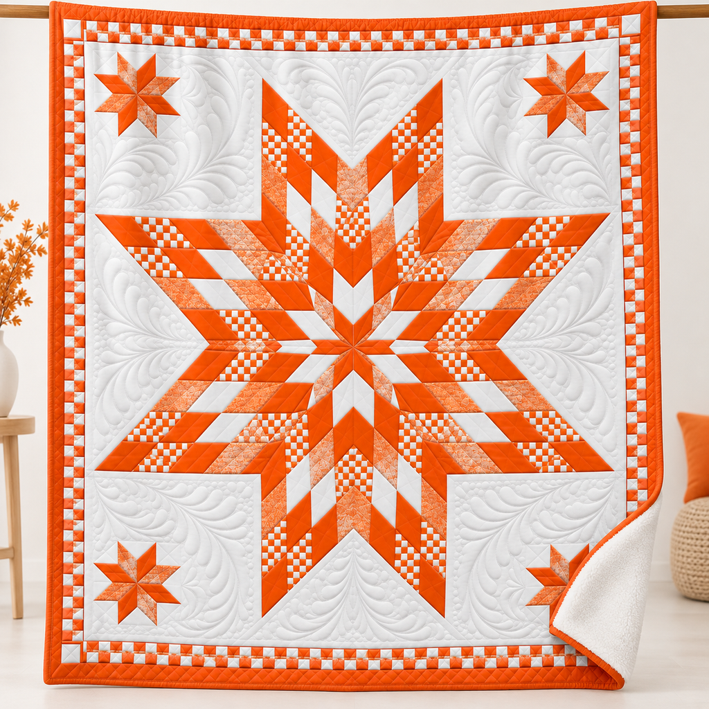 A quilted blanket or throw featuring a large orange and white geometric star pattern, surrounded by a matching orange and white checkered border, shown hanging against a light neutral wall.