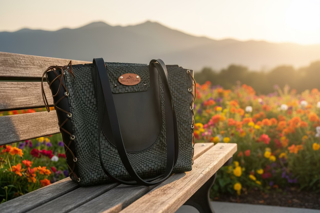 Woven handbag with leather accents on a wooden floor
