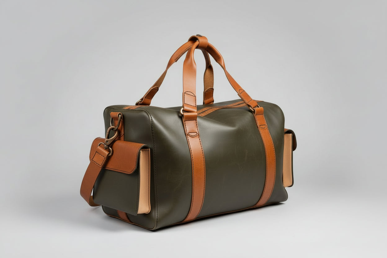 Gray bag with brown leather straps on a wooden surface