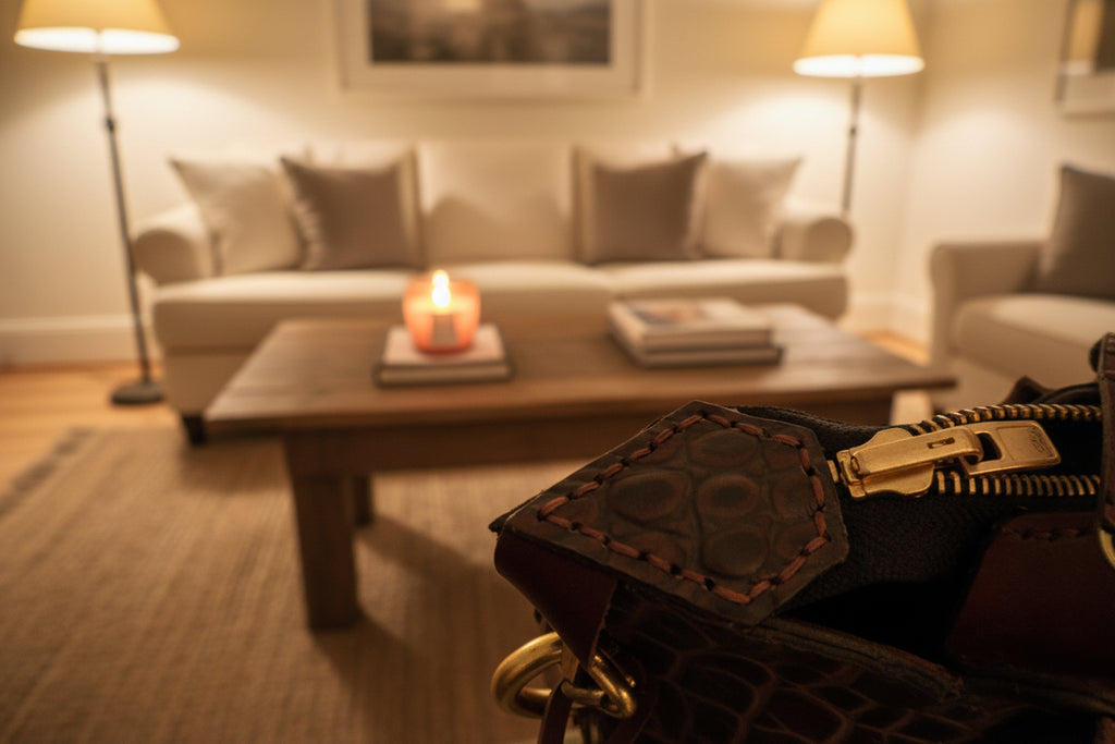 Close-up of a textured leather patch with gold zipper on a green surface.