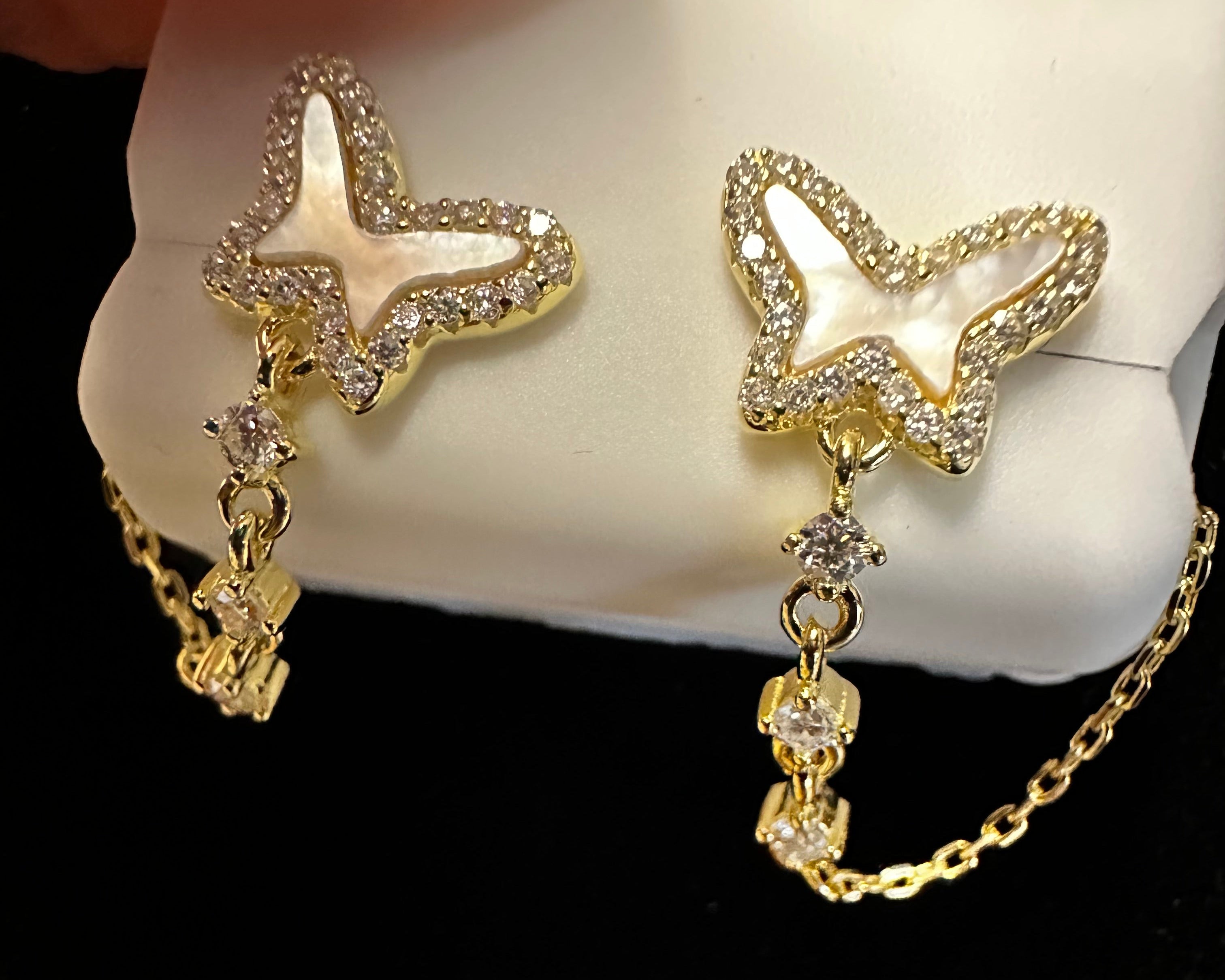 Mother of Pearl Butterfly Lab-Grown Diamond Chain Earrings - 1.5CTW 14kt Gold