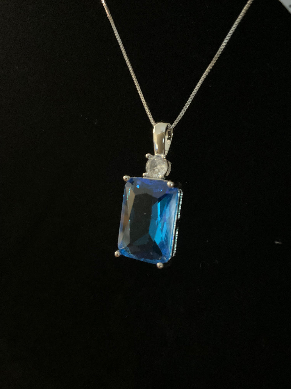 7ct Emerald Cut Blue Tanzanite Moissanite Necklace with Herringbone Chain