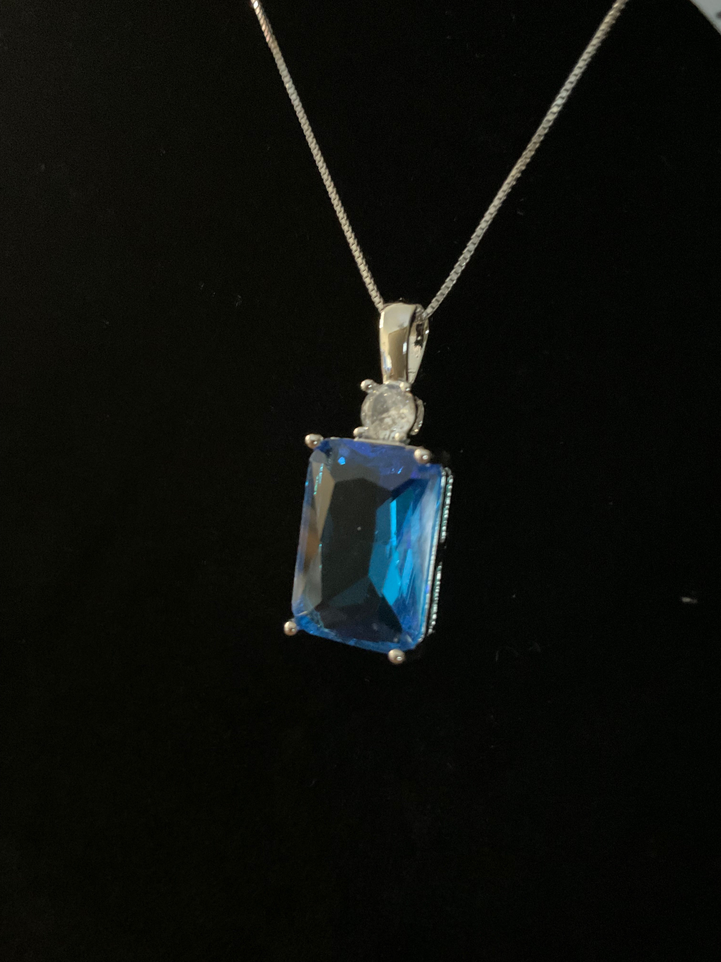 7ct Emerald Cut Blue Tanzanite Moissanite Necklace with Herringbone Chain