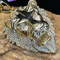 Gold chain with a lion pendant on a stone surface