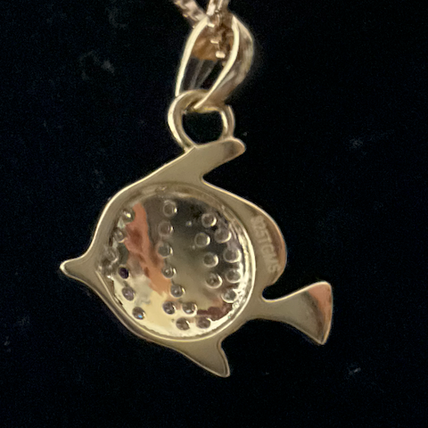 Gold fish-shaped pendant on a black background