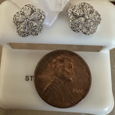 Silver earrings on a white stand with a penny for scale, against a neutral background.