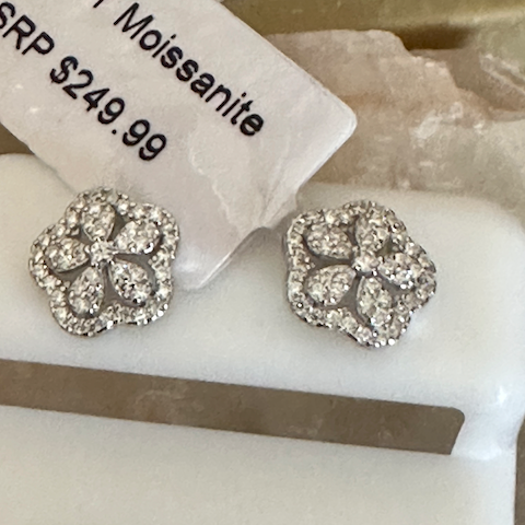 Silver earrings with gemstones on a white card with text