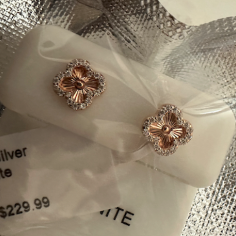 Pair of earrings on a white card with silver packaging in the background
