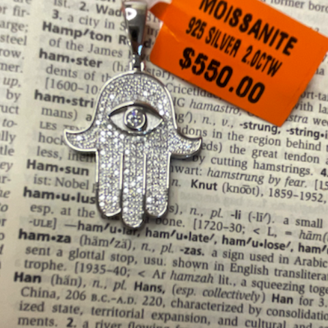Silver Hamsa hand pendant with eye design on a printed text background