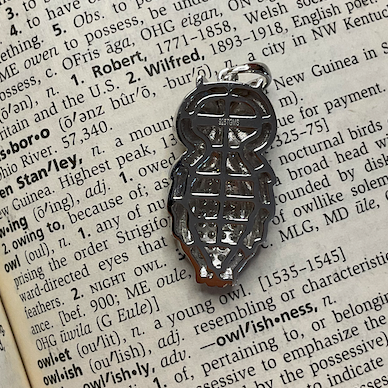 Metallic pendant on an open book with text