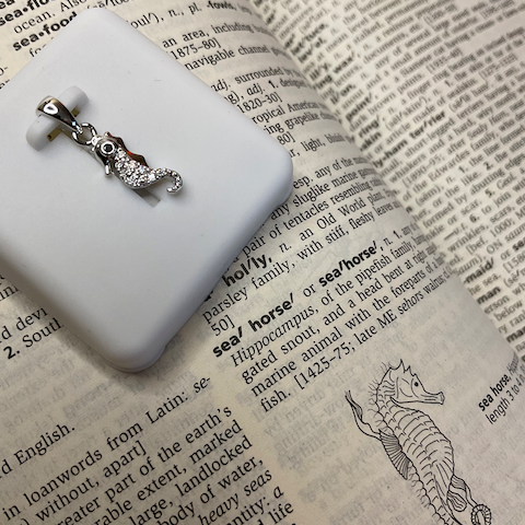 Silver pendant with a white stone on a book page