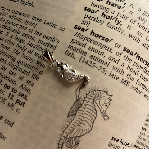 Silver seahorse pendant on a dictionary page with a seahorse illustration.