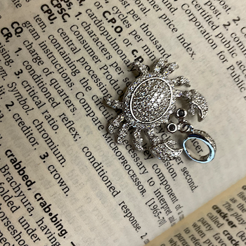 Silver crab charm on an open book with text